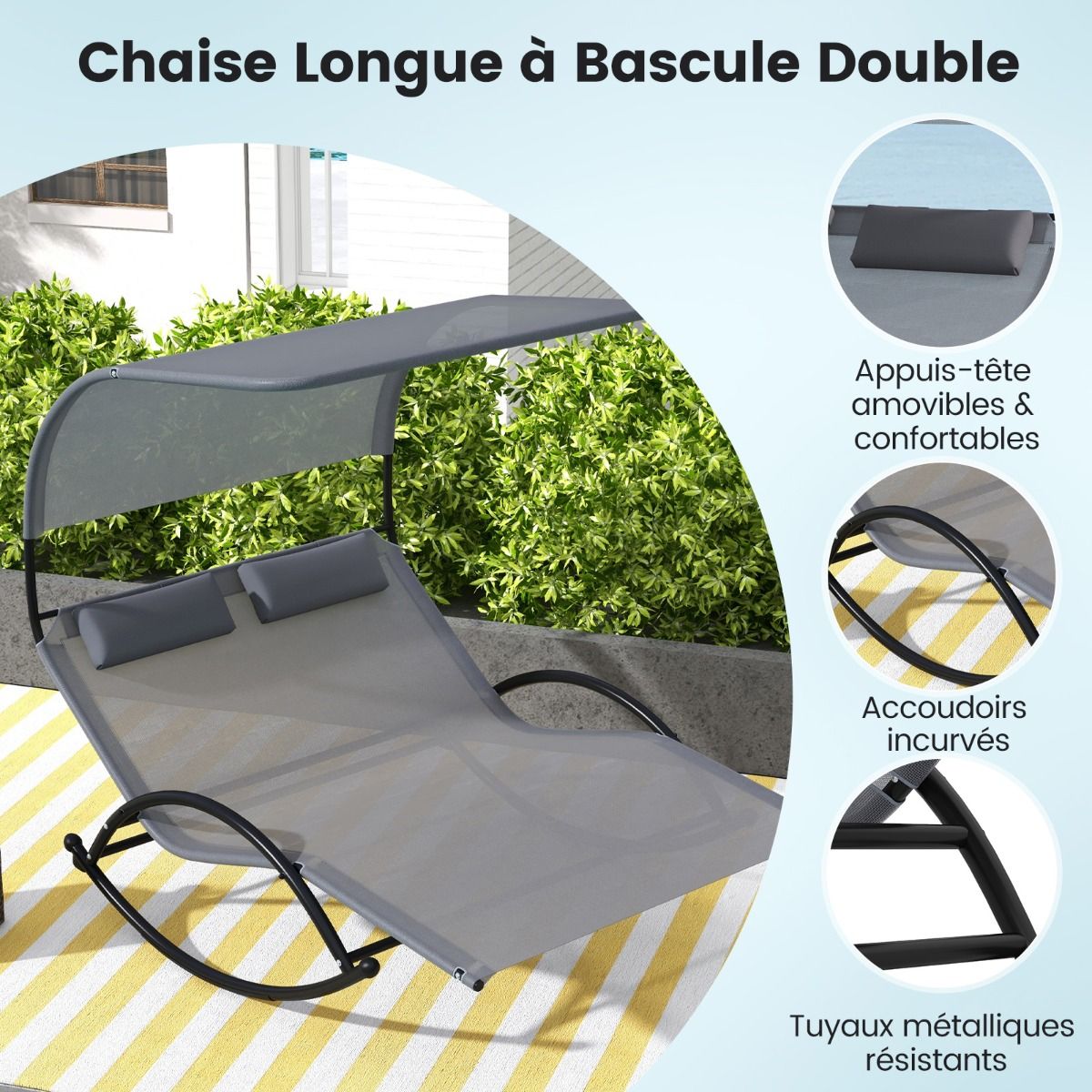 Double Lounger Rocking Chair for 2 People 2 Removable Headrests Sturdy Metal Frame Ergonomic 2-Seater Daybed Grey/Black/Beige -