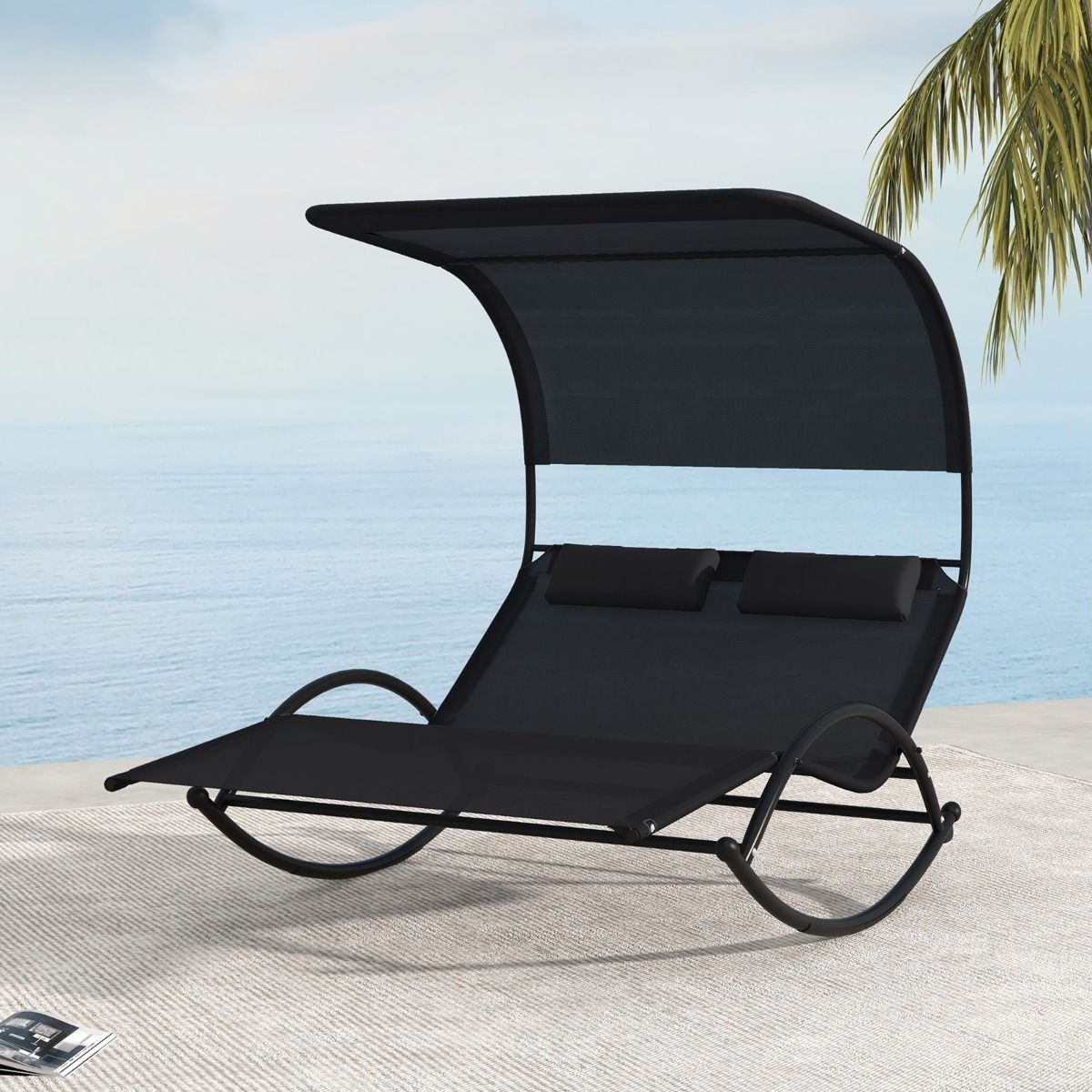 Double Lounger Rocking Chair for 2 People 2 Removable Headrests Sturdy Metal Frame Ergonomic 2-Seater Daybed Grey/Black/Beige -