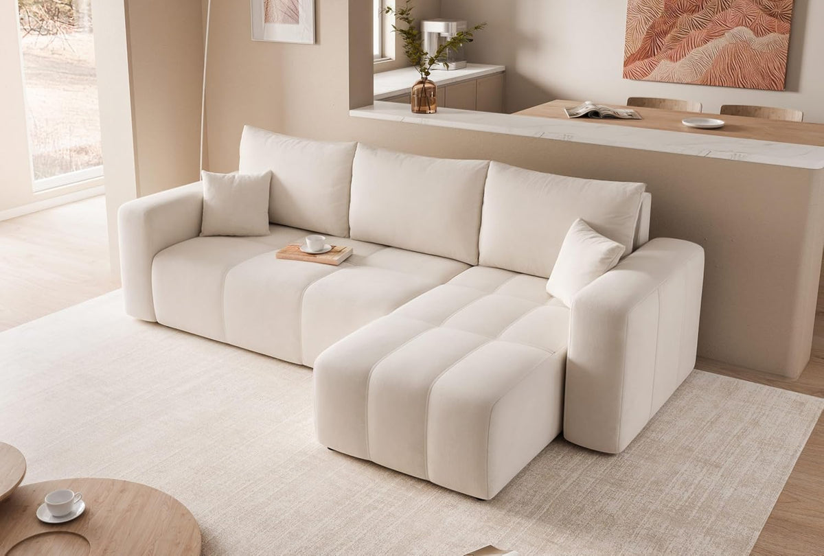 GREKPOL Convertible Corner Sofa 145x248 Left or Right - Beige 3-Seater Convertible Sofa with Storage Space