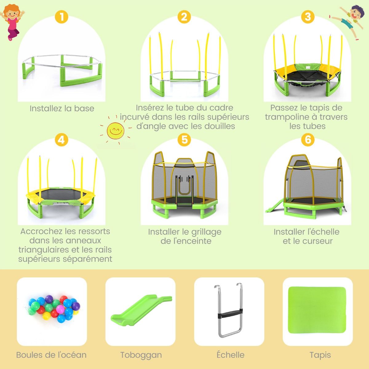 Outdoor Trampoline Ø 223cm with Slide & Ladder with Safety Net 2 U-shaped doors Load 270kg for 2-3 Children aged 3+ Blue/Green -