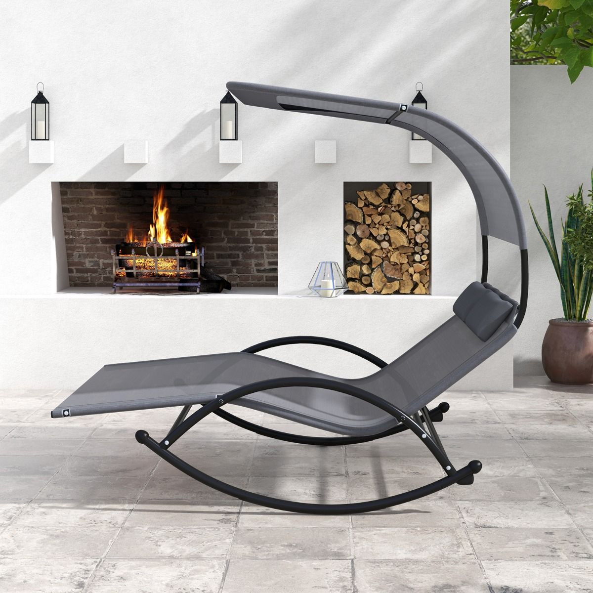 Double Lounger Rocking Chair for 2 People 2 Removable Headrests Sturdy Metal Frame Ergonomic 2-Seater Daybed Grey/Black/Beige -