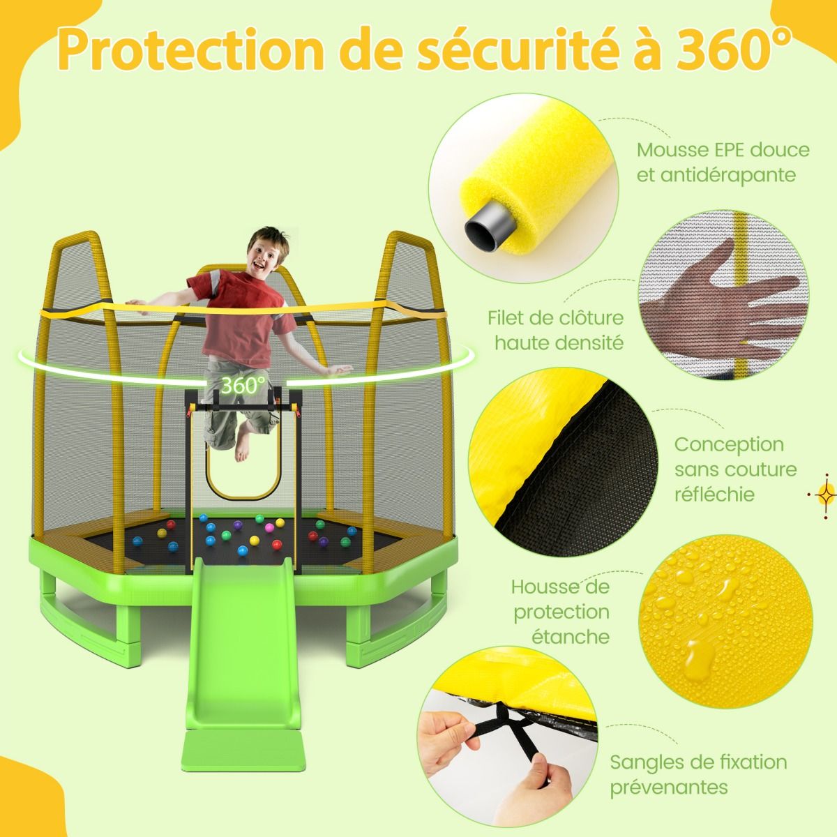 Outdoor Trampoline Ø 223cm with Slide & Ladder with Safety Net 2 U-shaped doors Load 270kg for 2-3 Children aged 3+ Blue/Green -