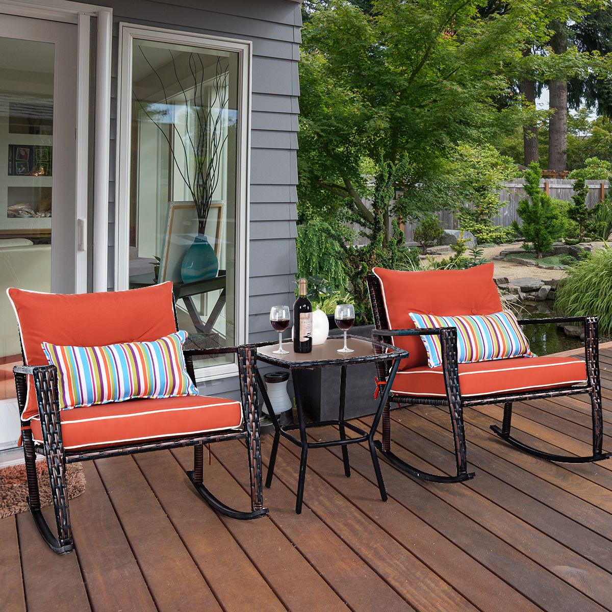 Garden Set with 2 Rocking Chairs and 1 Tempered Glass Coffee Table All Cushions Included in PE Rattan -