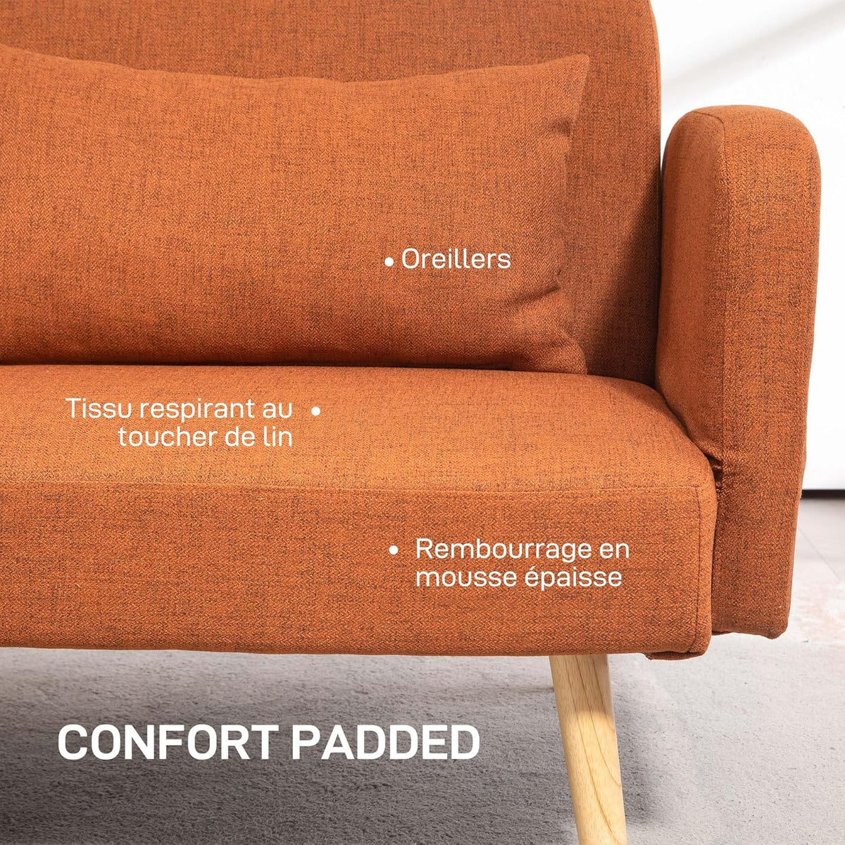 HOMCOM 3-seater convertible sofa, 2-seater sofa bed, reclining backrest and adjustable armrests, sofa bed in linen-effect fabric, solid wood legs, 2 washable cushions, Brown