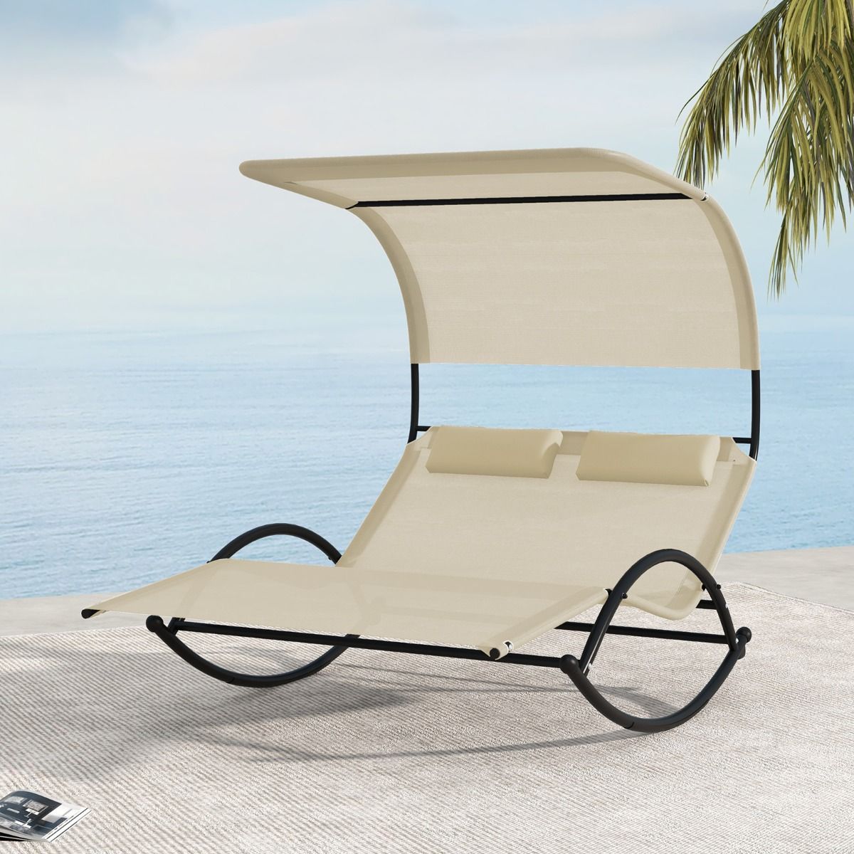 Double Lounger Rocking Chair for 2 People 2 Removable Headrests Sturdy Metal Frame Ergonomic 2-Seater Daybed Grey/Black/Beige -