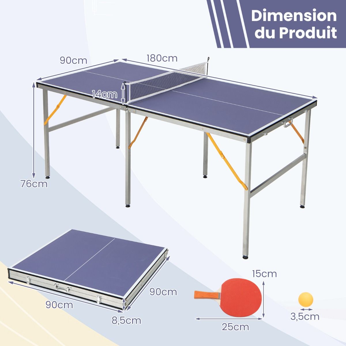 Space Saving Foldable Ping Pong Table with Table Tennis Net with 2 Rackets 3 Balls Adjustable Feet 180 x 90 x 76 cm -