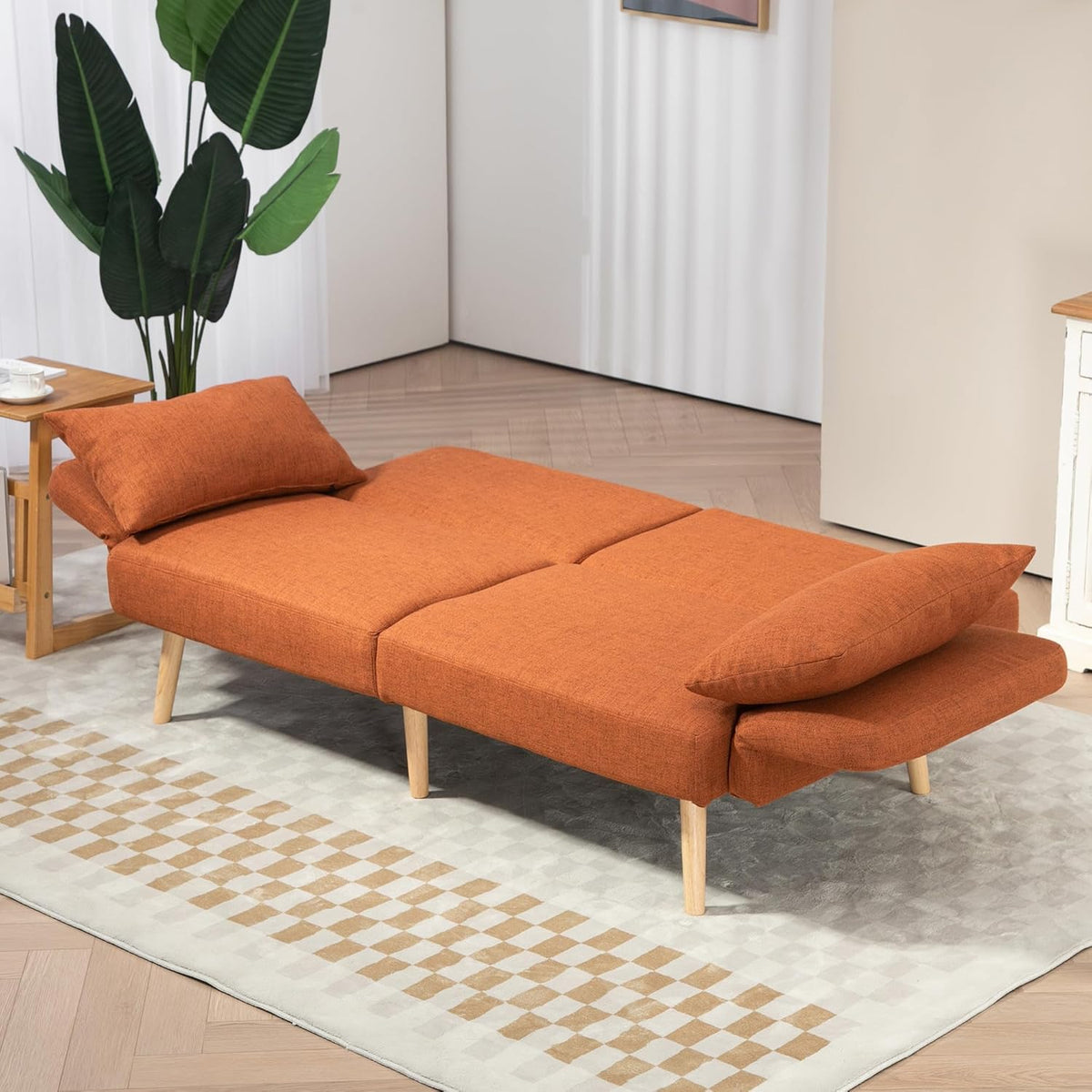 HOMCOM 3-seater convertible sofa, 2-seater sofa bed, reclining backrest and adjustable armrests, sofa bed in linen-effect fabric, solid wood legs, 2 washable cushions, Brown