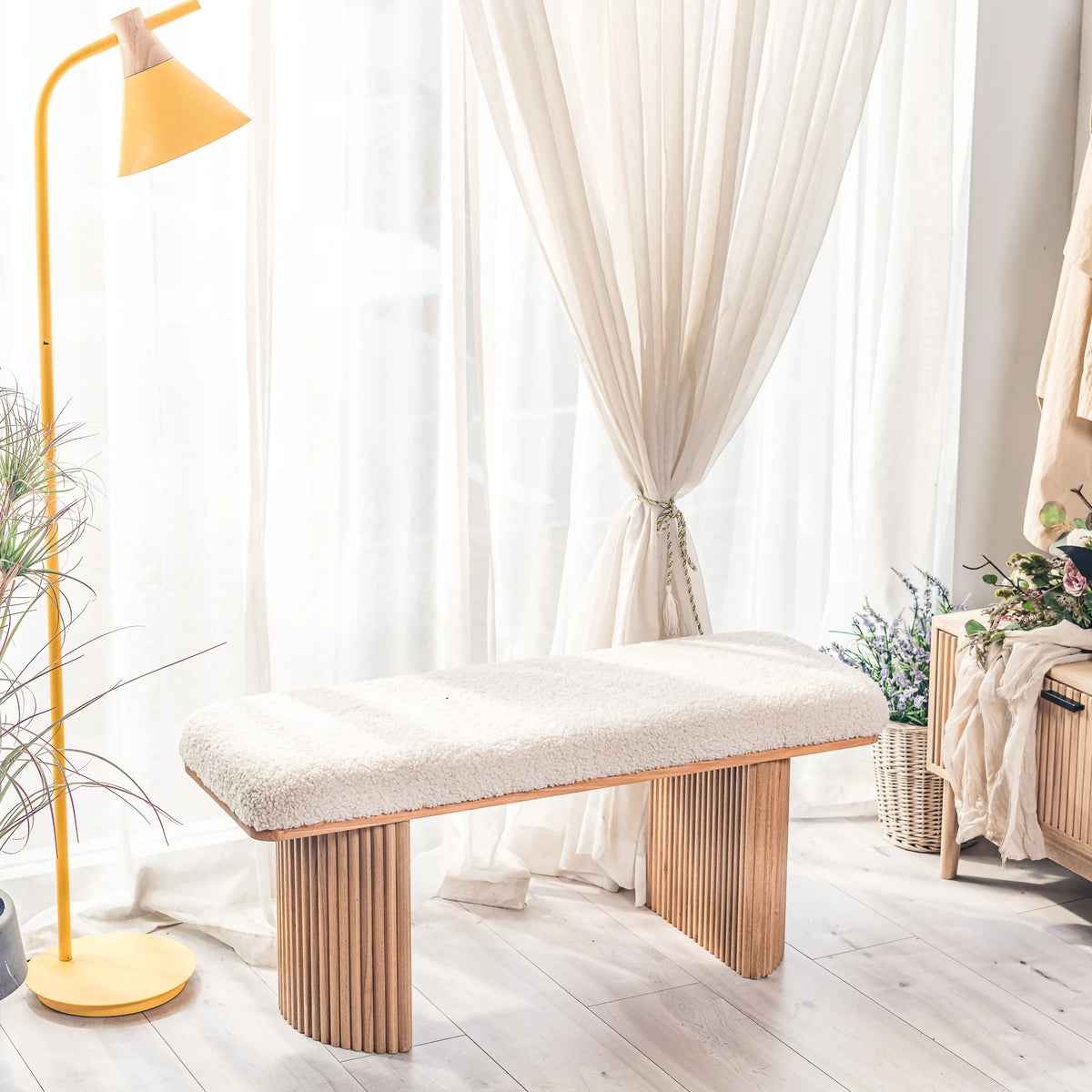 Solid Wood and Beige Velvet Bench Exotic Boho Entryway - Product image 14