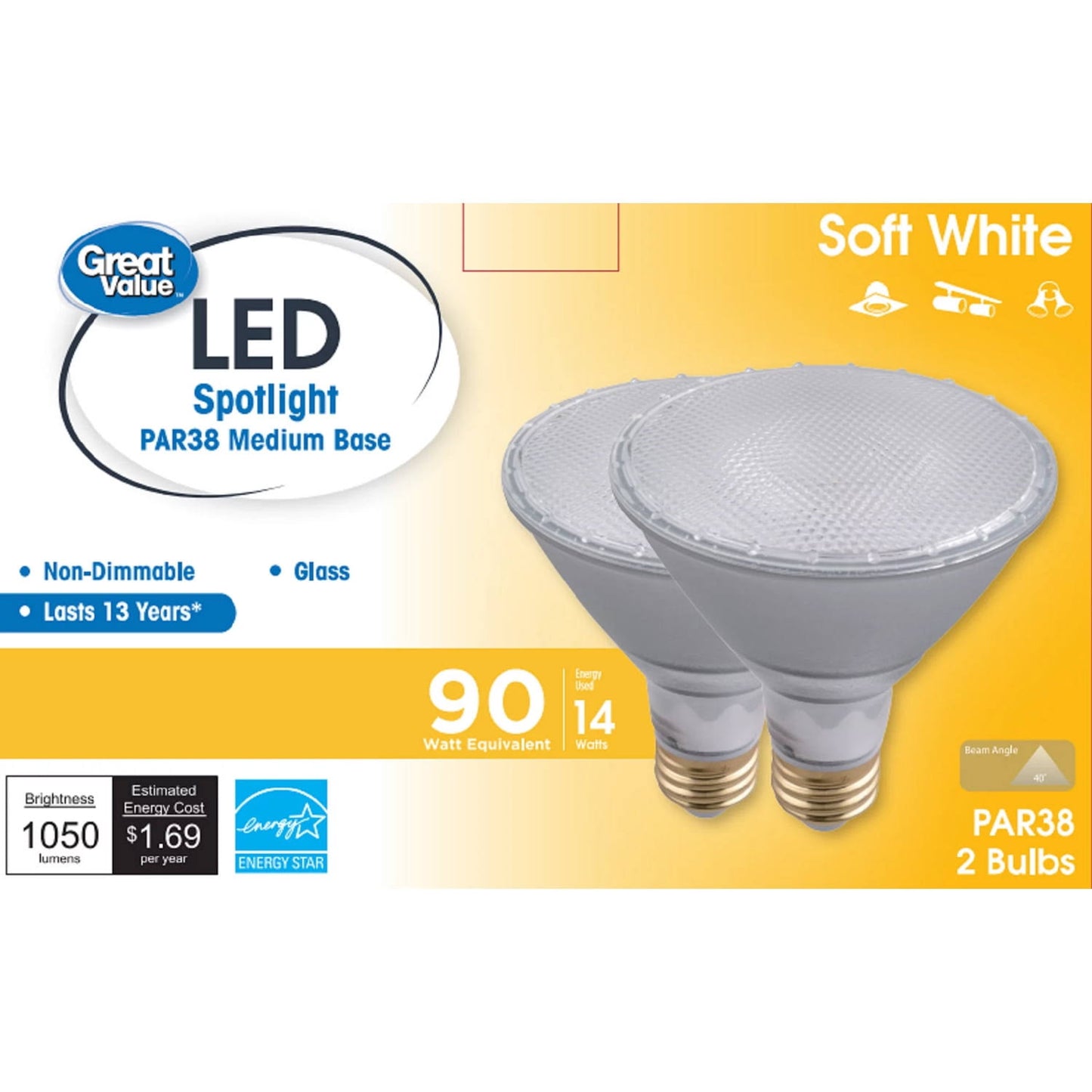 Great Value LED Light Bulb 90W Eqv. PAR38 Warmwhite 2 Pack - Product image 1