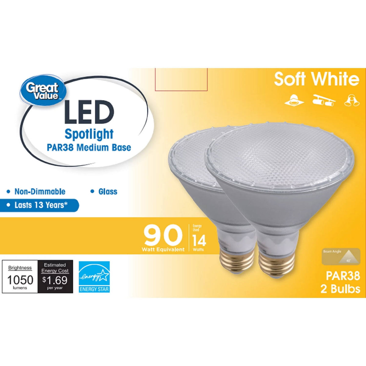Great Value LED Light Bulb 90W Eqv. PAR38 Warmwhite 2 Pack - Product image 1