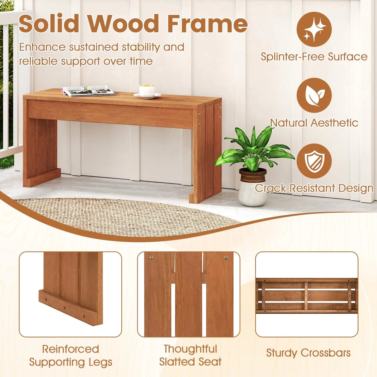 Tangkula Wood Outdoor Garden Bench | 2-Person Patio Backless Bench with Solid Wooden Frame