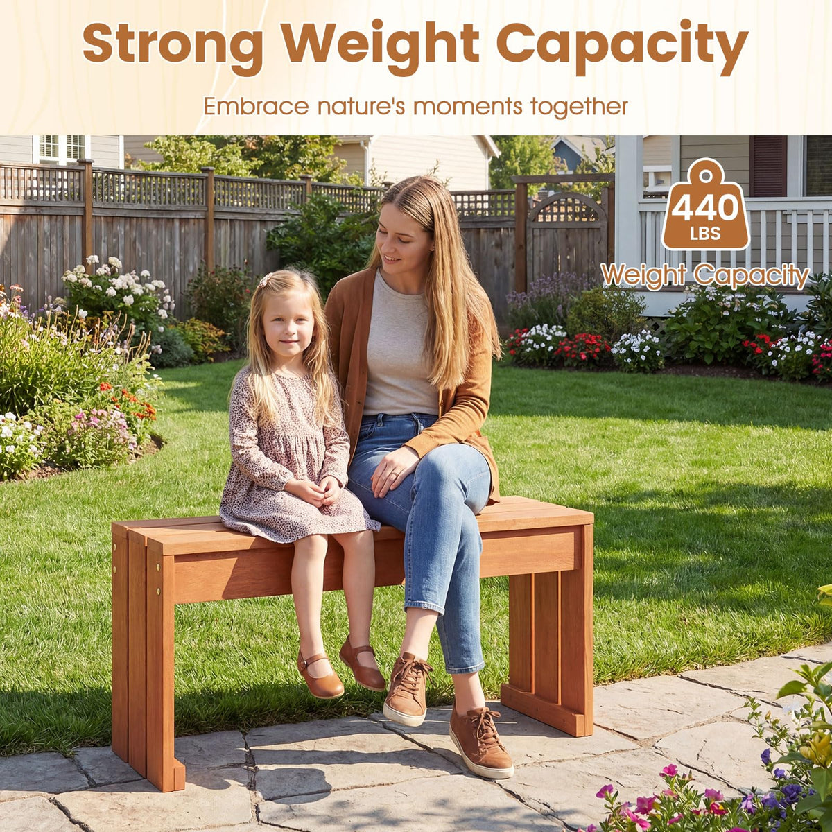 Tangkula Wood Outdoor Garden Bench | 2-Person Patio Backless Bench with Solid Wooden Frame