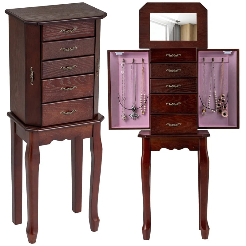 Standing Jewelry Armoire Cabinet with Flip Top Mirror, 4 Drawers, 2 Side Doors & Necklace Hooks - Product image 1