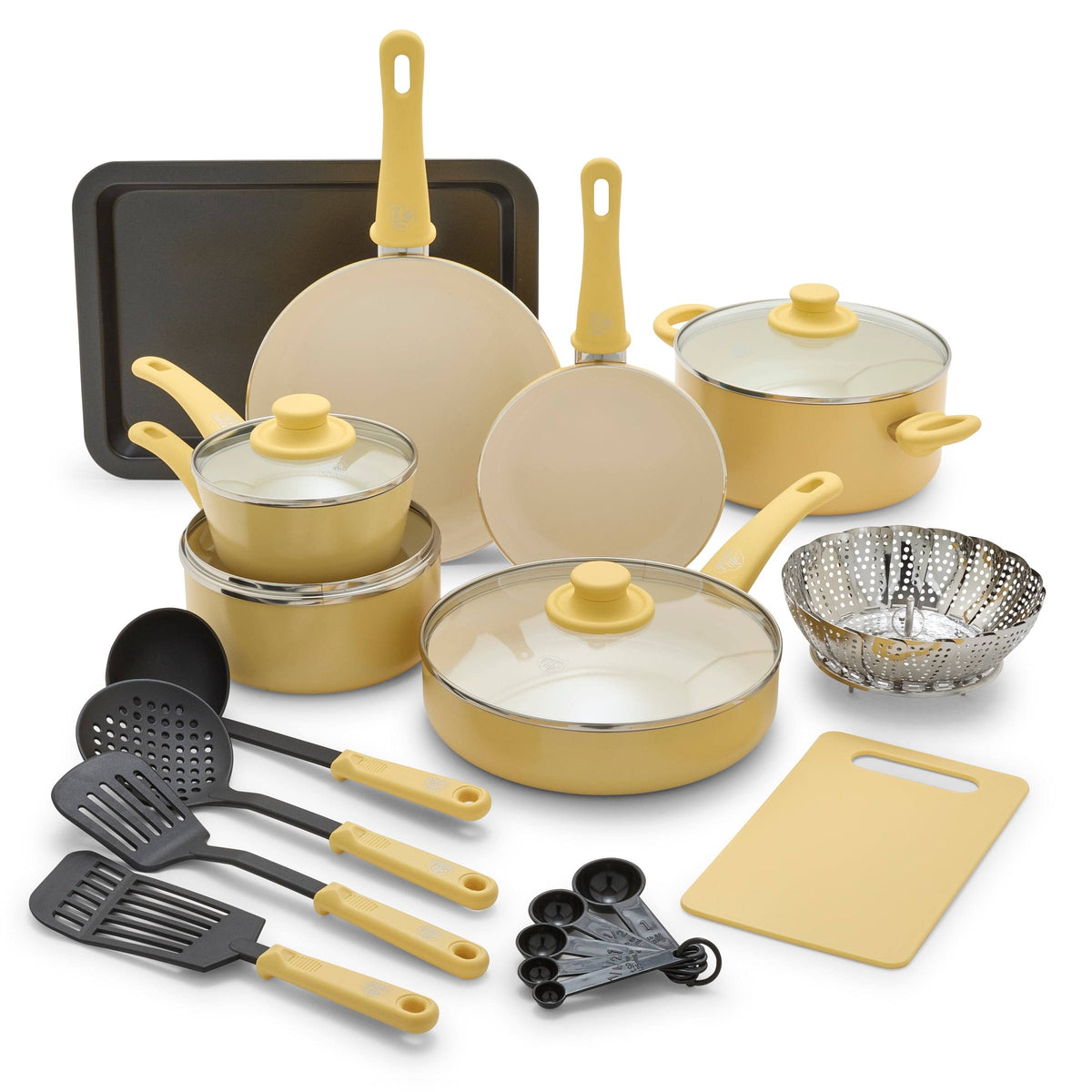 GreenLife 18-Piece Soft Grip Toxin-Free Healthy Ceramic Non-Stick Cookware Set, Yellow, Dishwasher Safe - Product image 1