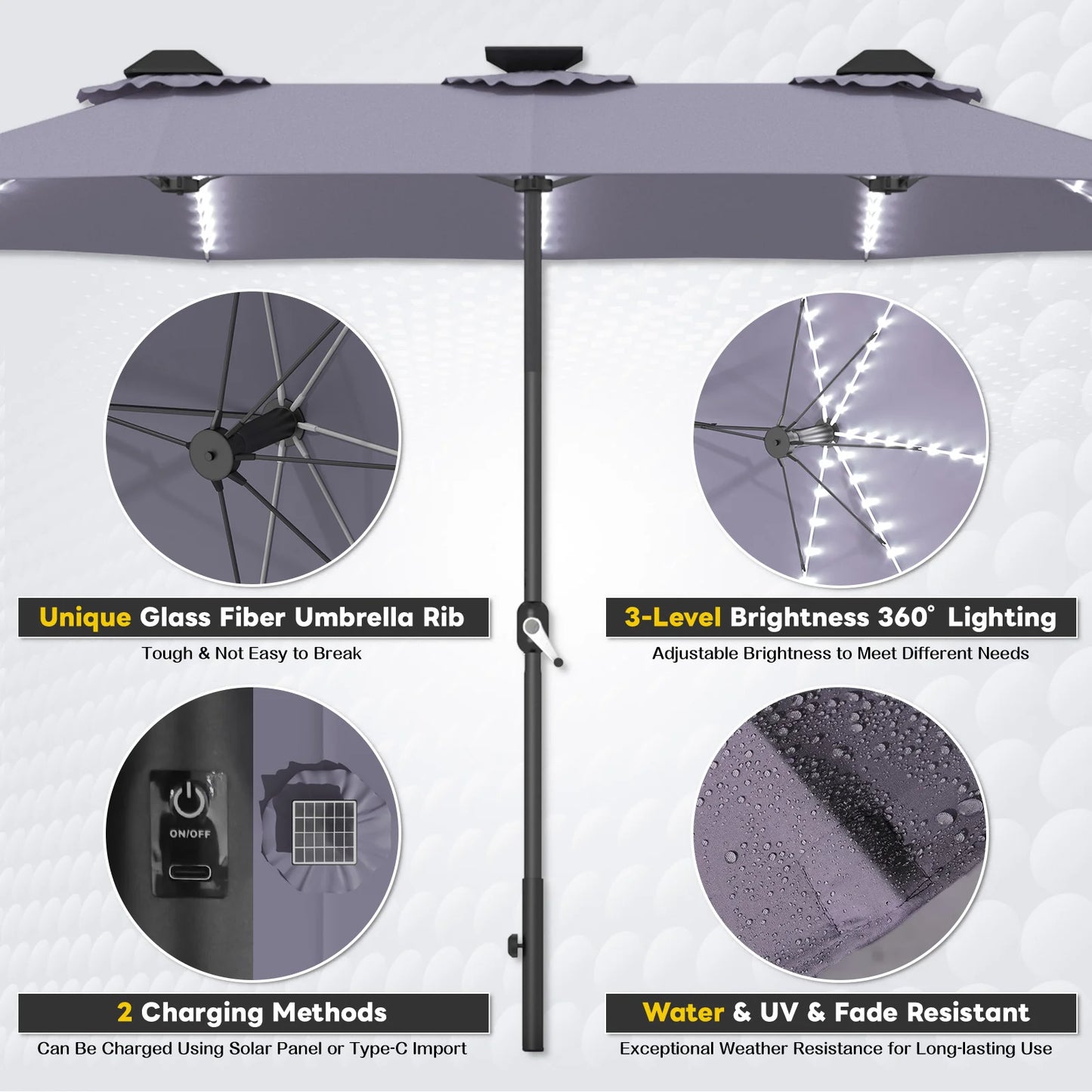 AECOJOY 15ft Patio Double-Sided Umbrella, 156 PCS Solar LED Light Outdoor Large Umbrella, Dark Grey - Product image 3