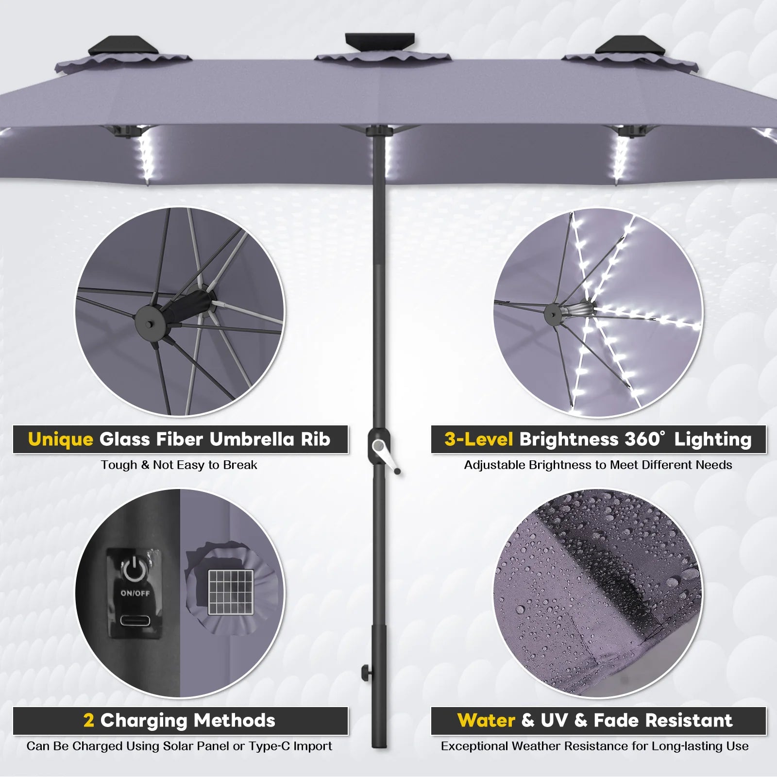 AECOJOY 15ft Patio Double-Sided Umbrella, 156 PCS Solar LED Light Outdoor Large Umbrella, Dark Grey - Product image 3