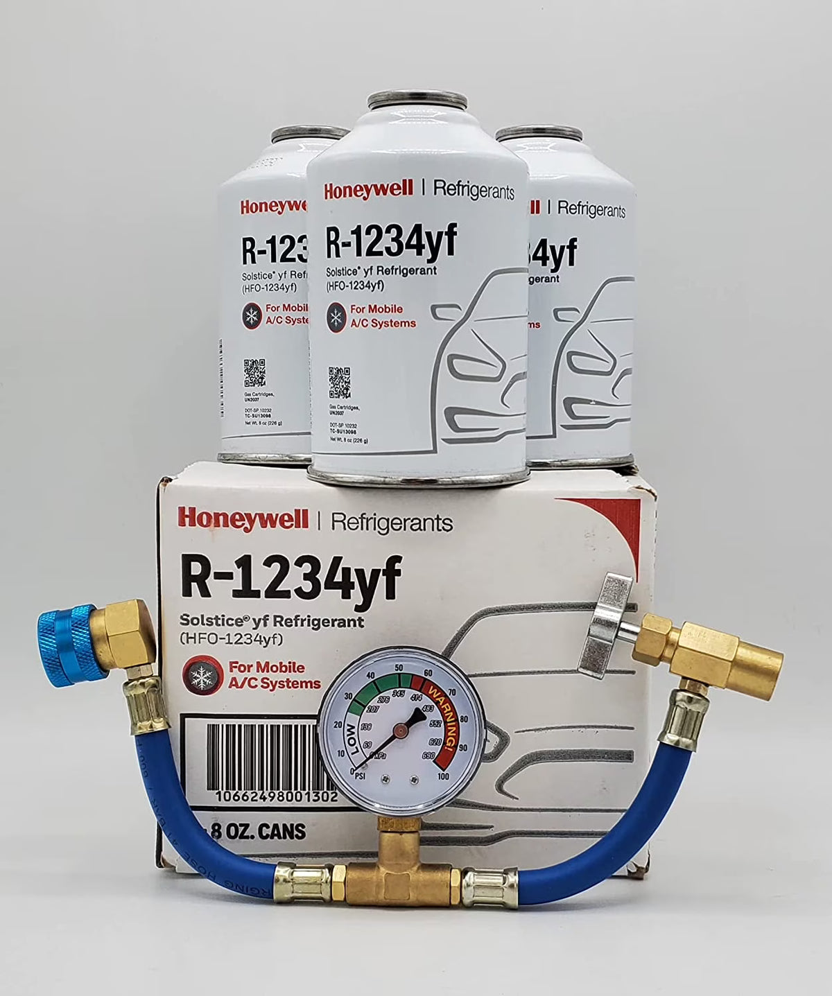 Genuine 8 oz R1234YF Refrigerant (3 Freon Cans) & HD Brass Can Tap with Gauge - Product image 1