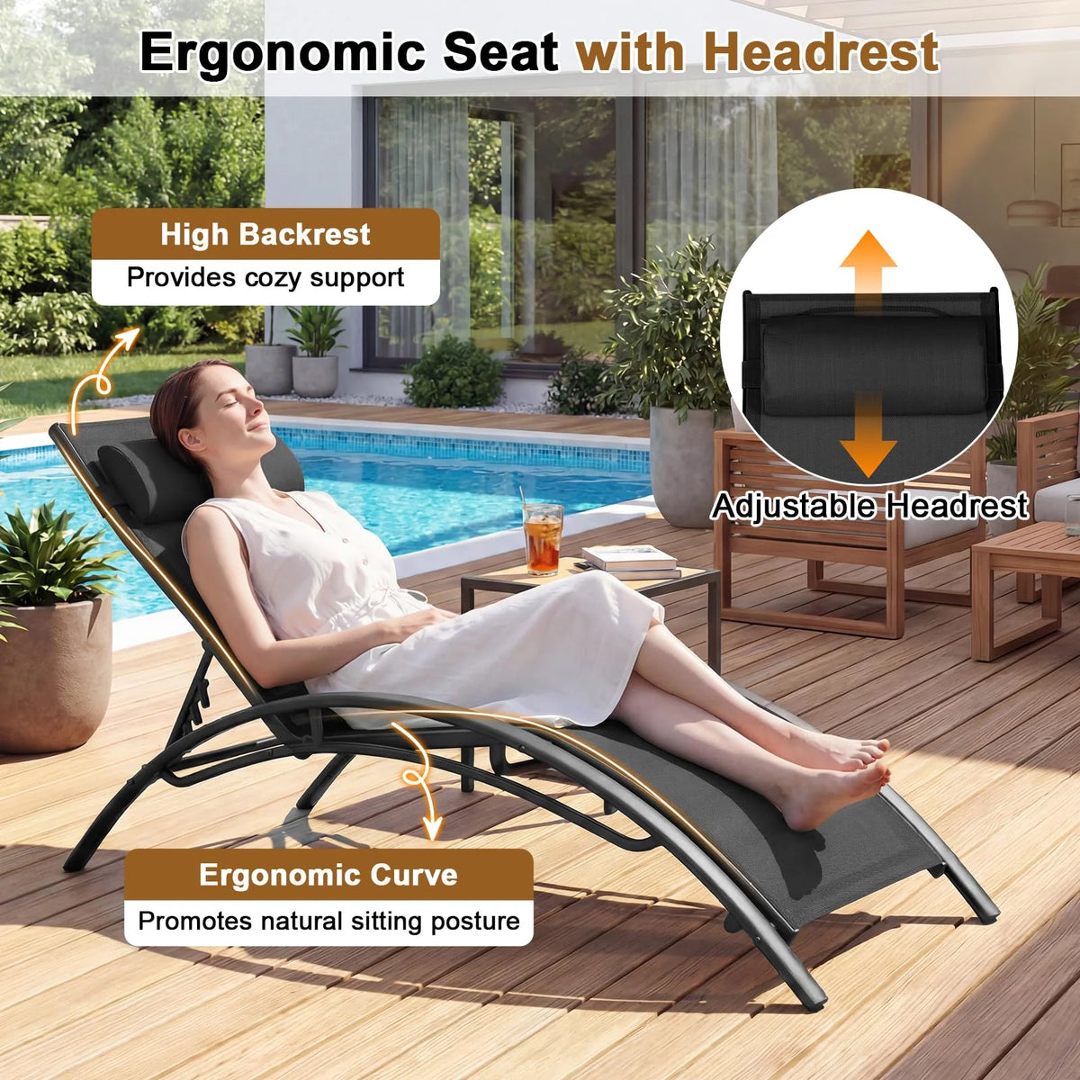 Tangkula Patio Chaise Lounges with 5-Position Backrest-Black - Product image 5