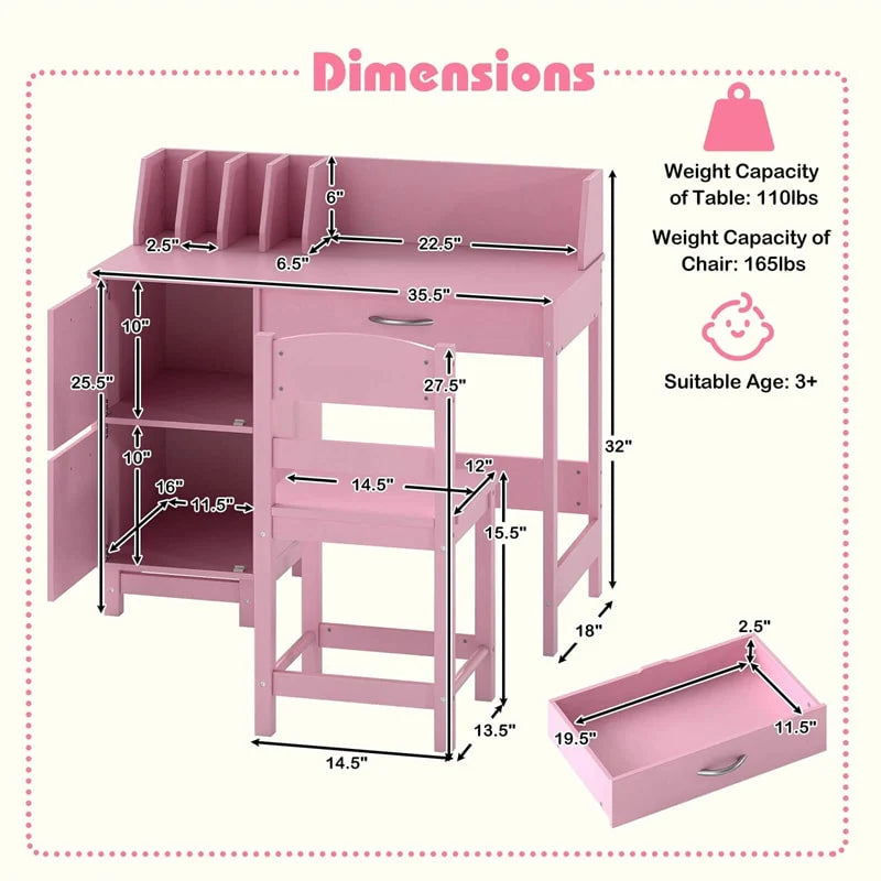 Wooden Kids Desk and Chair Set with Hutch, Storage Drawer & Cabinet - Product image 36