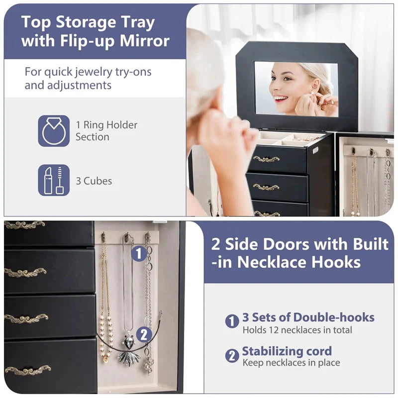 Standing Jewelry Armoire Cabinet with Flip Top Mirror, 4 Drawers, 2 Side Doors & Necklace Hooks - Product image 20