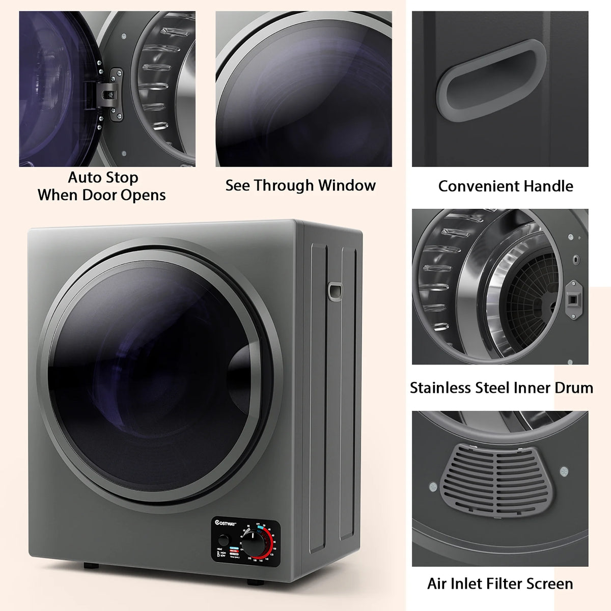 Costway Electric Tumble Compact Laundry Dryer Stainless Steel Wall Mounted 1.5 Cu .ft - Product image 11