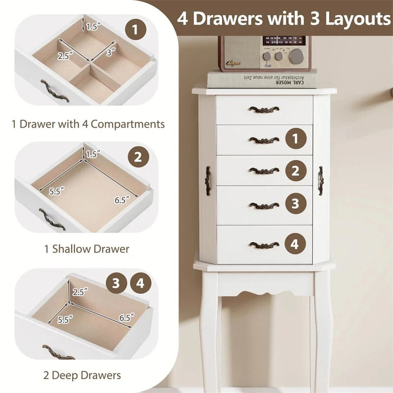 Standing Jewelry Armoire Cabinet with Flip Top Mirror, 4 Drawers, 2 Side Doors & Necklace Hooks - Product image 29