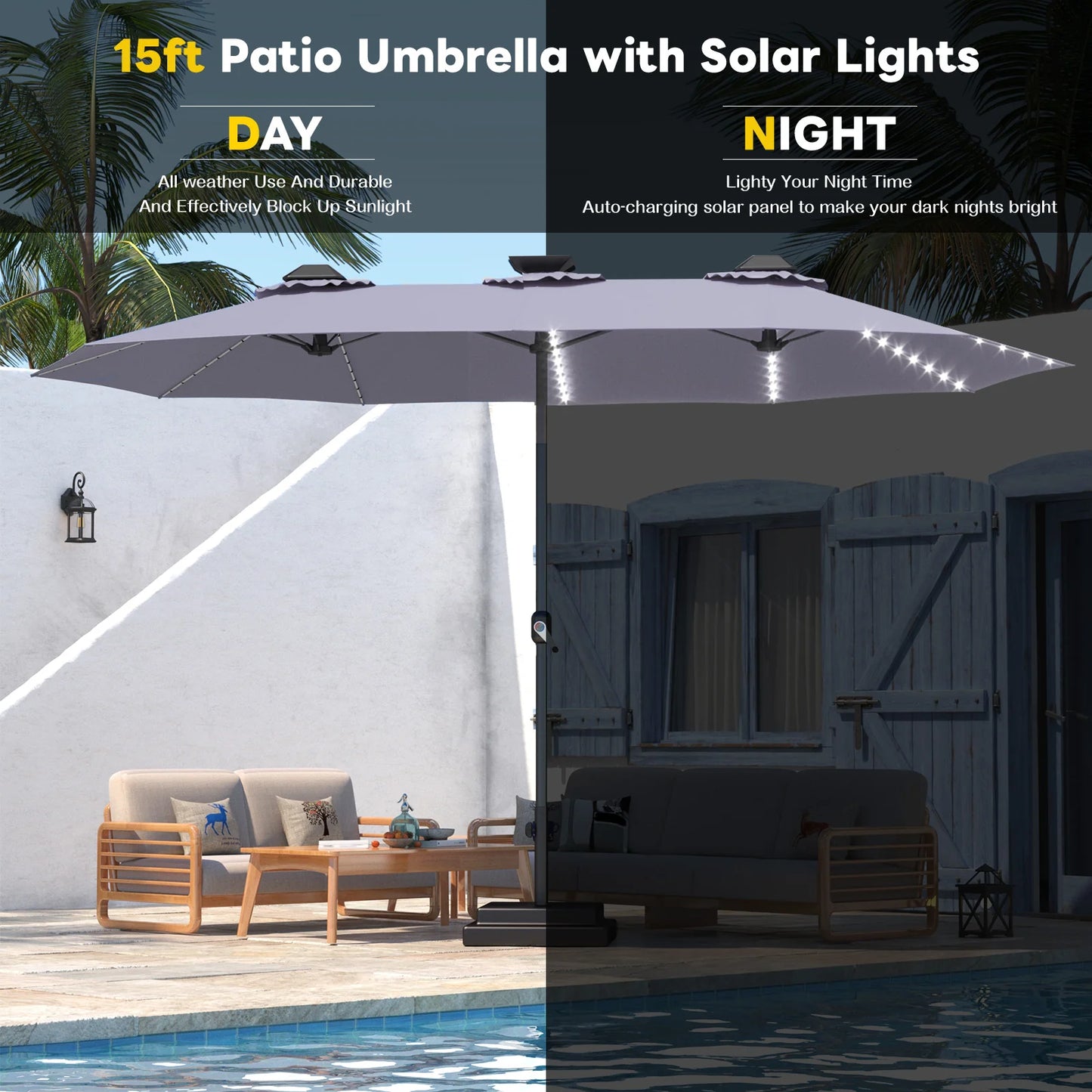 AECOJOY 15ft Patio Double-Sided Umbrella, 156 PCS Solar LED Light Outdoor Large Umbrella, Dark Grey - Product image 6