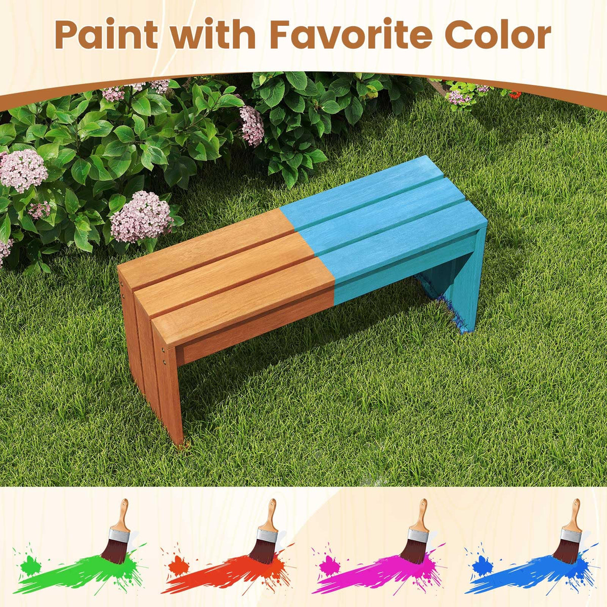Tangkula Wood Outdoor Garden Bench | 2-Person Patio Backless Bench with Solid Wooden Frame