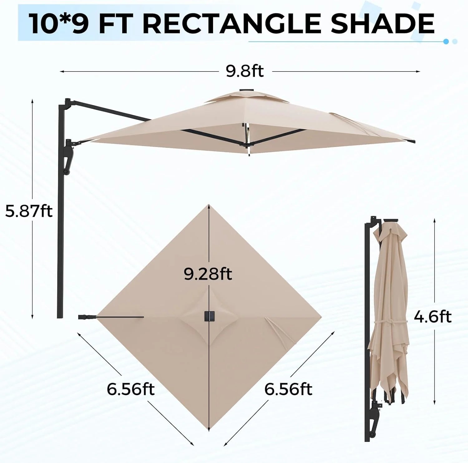 AECOJOY 10FT Large Patio Umbrella with Solar Lights, Rectangle Wall Mounted Outdoor Patio Umbrella, Beige - Product image 3