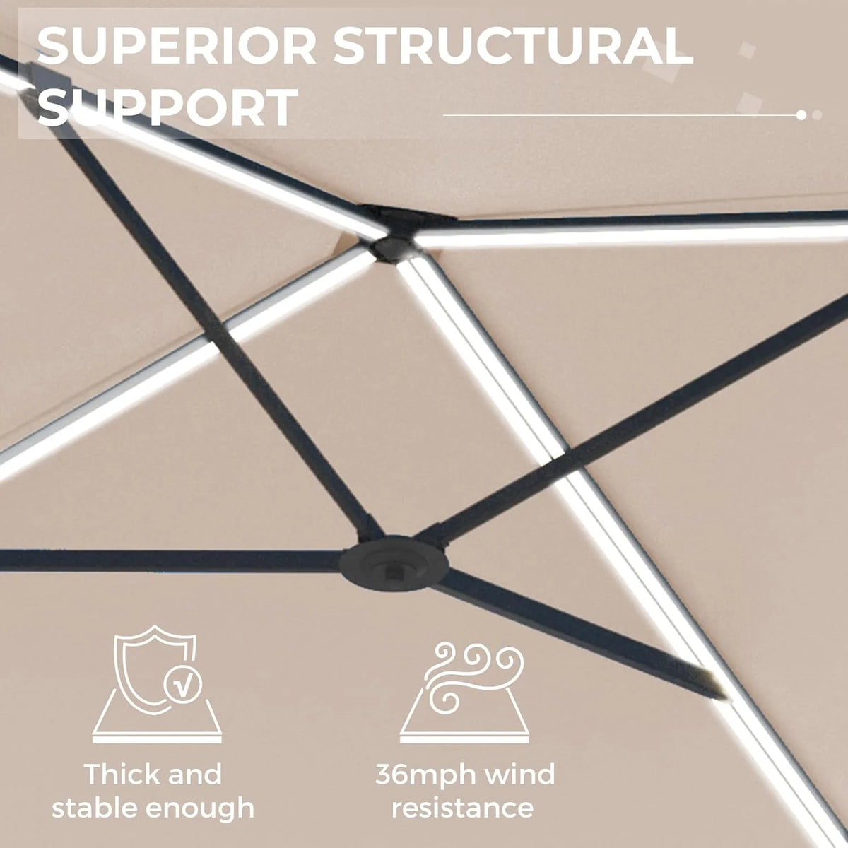 AECOJOY 10FT Large Patio Umbrella with Solar Lights, Rectangle Wall Mounted Outdoor Patio Umbrella, Beige - Product image 4