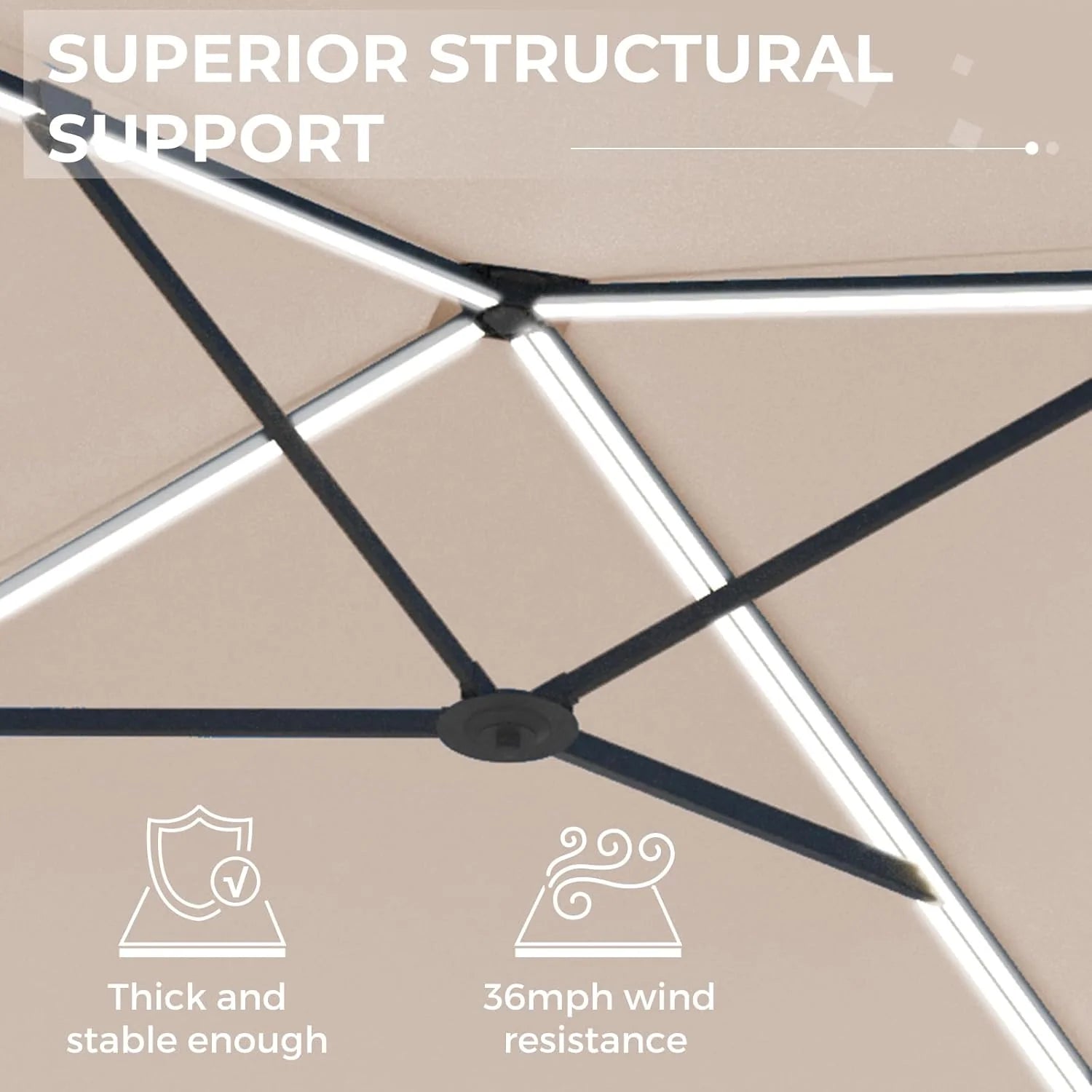 AECOJOY 10FT Large Patio Umbrella with Solar Lights, Rectangle Wall Mounted Outdoor Patio Umbrella, Beige - Product image 4