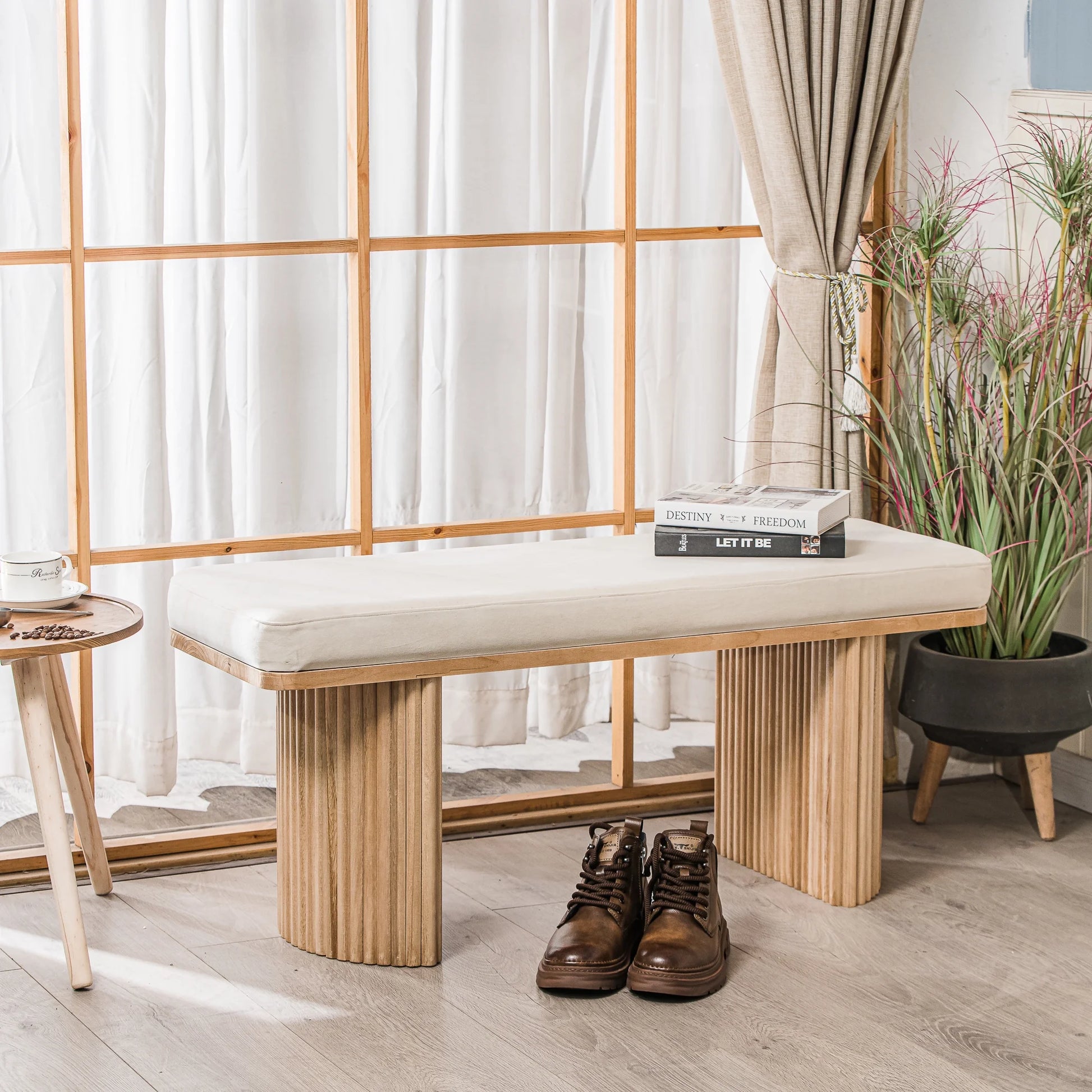 Solid Wood and Beige Velvet Bench Exotic Boho Entryway - Product image 2