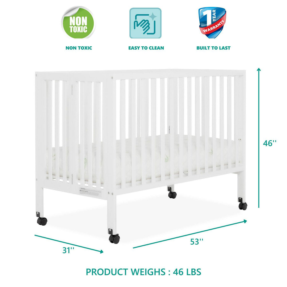 Dream on Me Quinn Full - Size Folding Crib. Removable Wheels. Modern Nursey. Adjustable Mattress Support - Product image 4