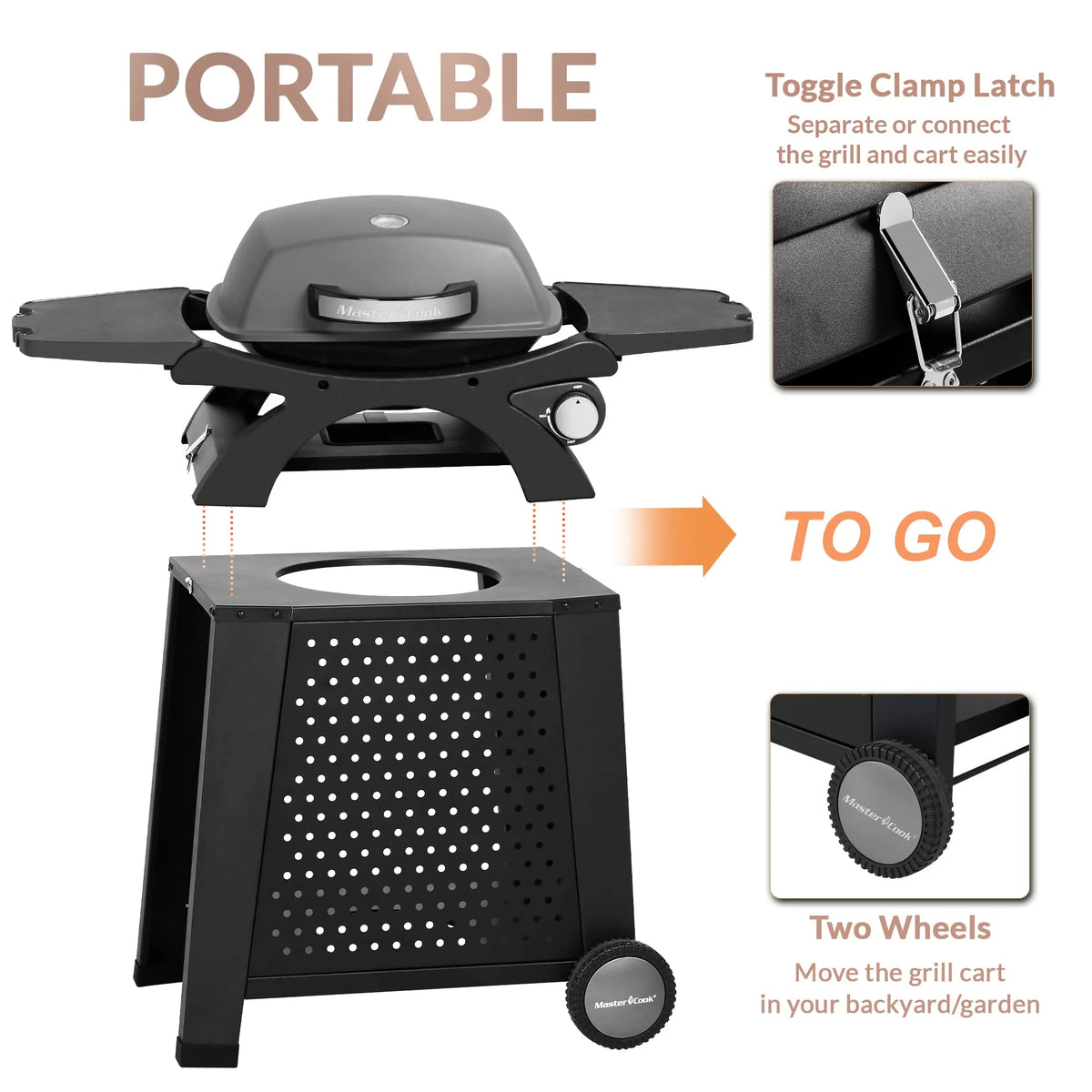 MASTER COOK Propane Gas Grill, Portable Tabletop Barbecue Grill with Cart for Patio, Camping, Travel - Product image 2