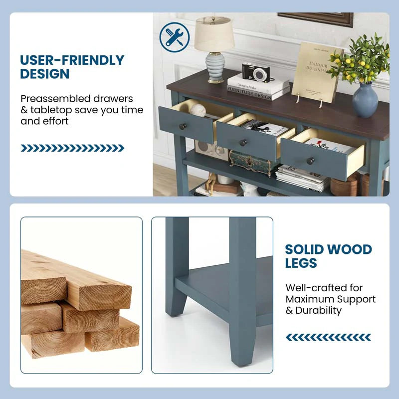 50" Farmhouse Entryway Table, Narrow Console Table with 3 Storage Drawers & 2 Open Shelves - Product image 8